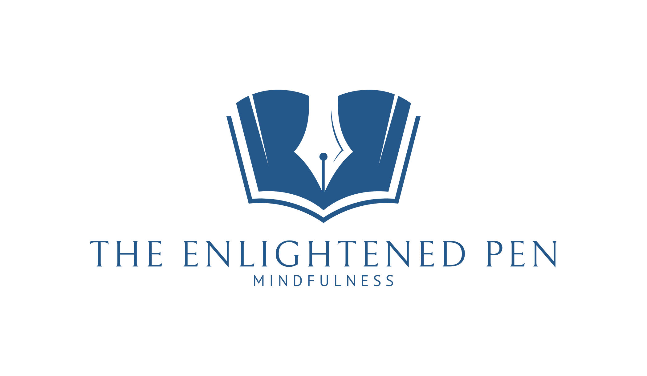 Logo looks like an open book or open wings with a pin in the bottom-center. Beneath the words "The enlightened Pen" mindfulness