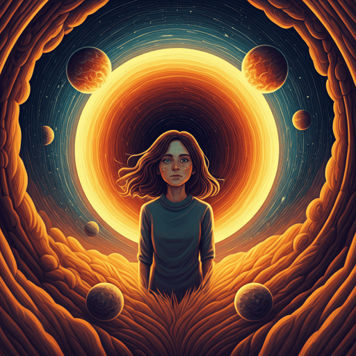 There is a young woman staring ahead standing in a dreamlike scene. Behind her there are unive
rses and around her are spirals of dreamlike matter.